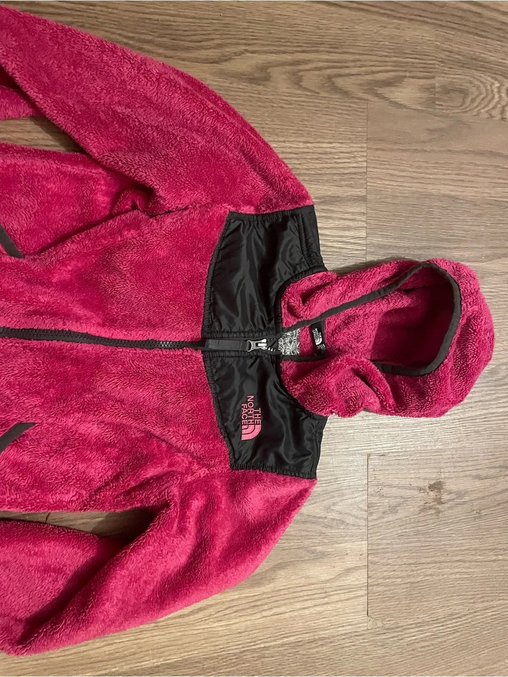 The North Face Girls' Hot Pink Hooded Fleece Jacket with Black Yoke